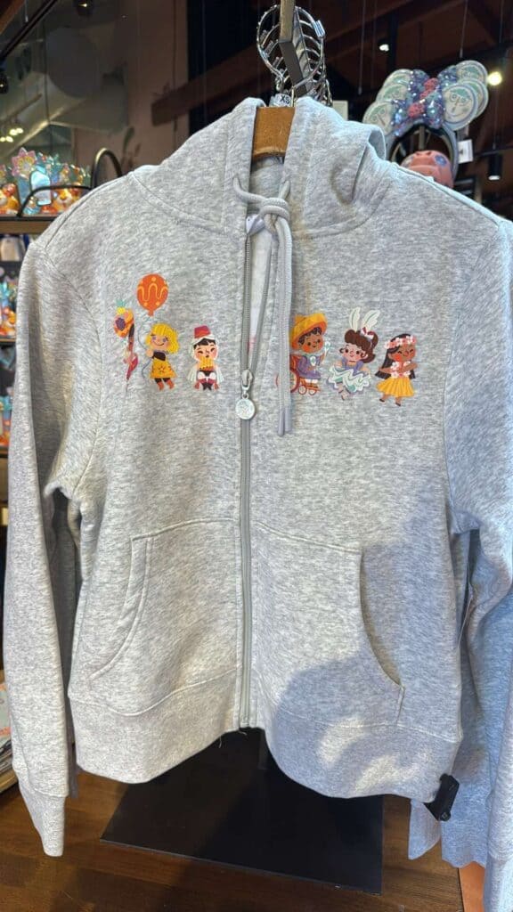 Grey zip-up hoodie featuring Disney princess and character embroidery.