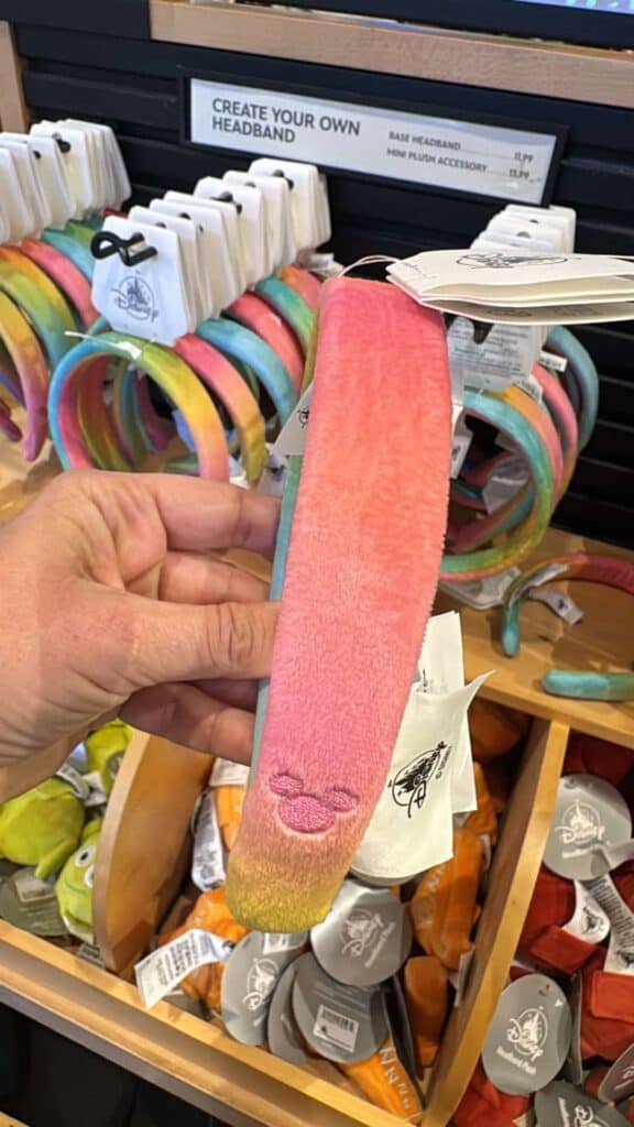 Colorful fabric headbands for customization at Disney store.