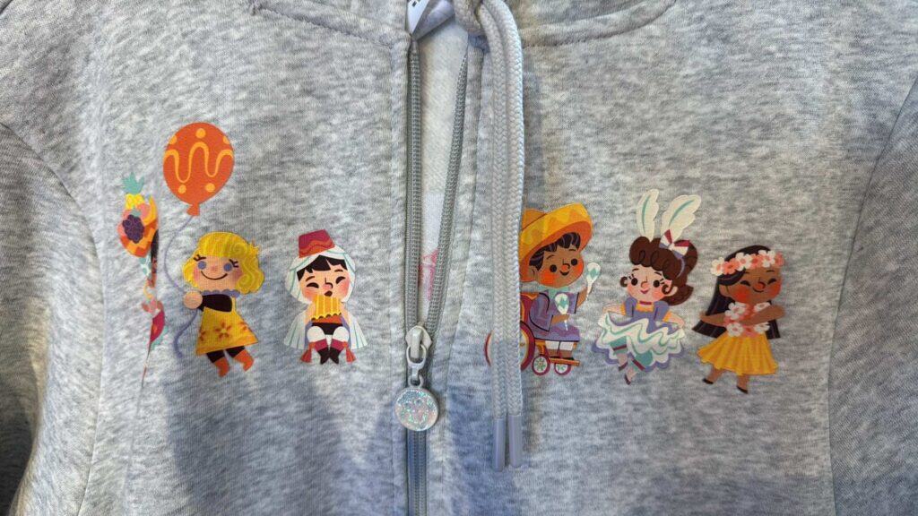 Colorful Disney cartoon characters on a gray hoodie, perfect for Disney fans and fashion enthusiasts.