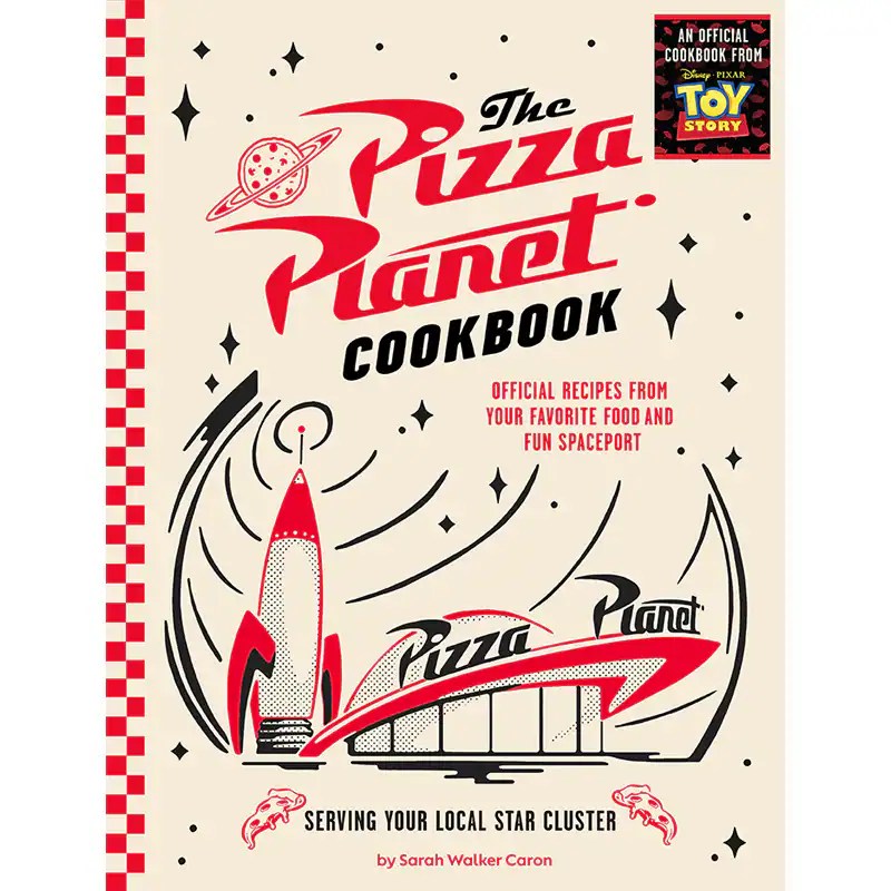 Disney-inspired Pizza Planet cookbook with space-themed design.