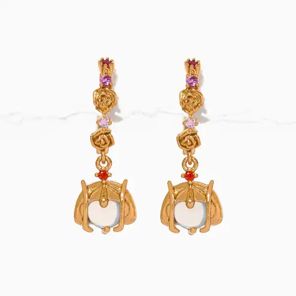 Disney-themed gold earrings with floral and crown accents, perfect for stylish accessories.