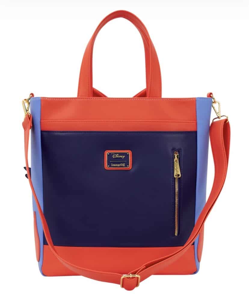 Color block tote bag featuring Disney logo and gold zipper detail.