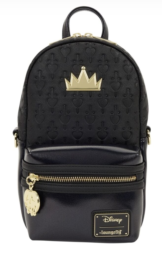 Mini black backpack featuring a gold crown embellishment and Disney Loungefly logo. Perfect for Disn.