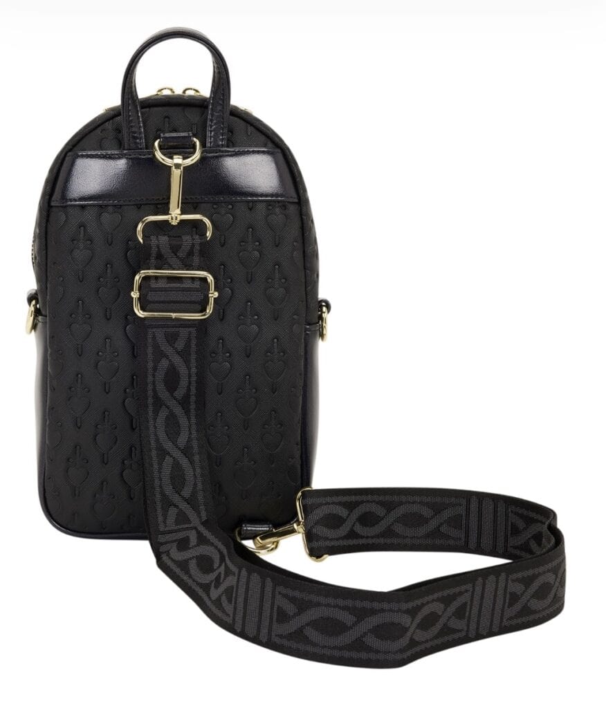 Black designer backpack with adjustable strap and gold hardware.