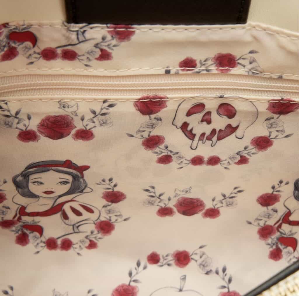 Skull and rose pattern bag featuring Disney princess illustrations and floral design.