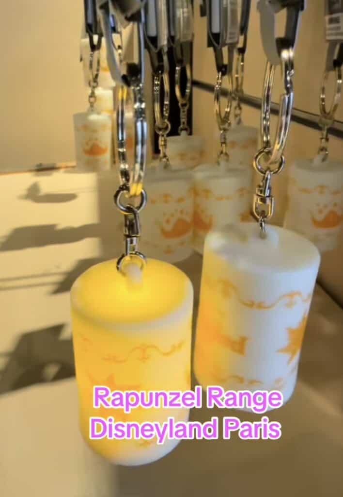 Disney Rapunzel-themed keychains and accessories at Disneyland Paris.