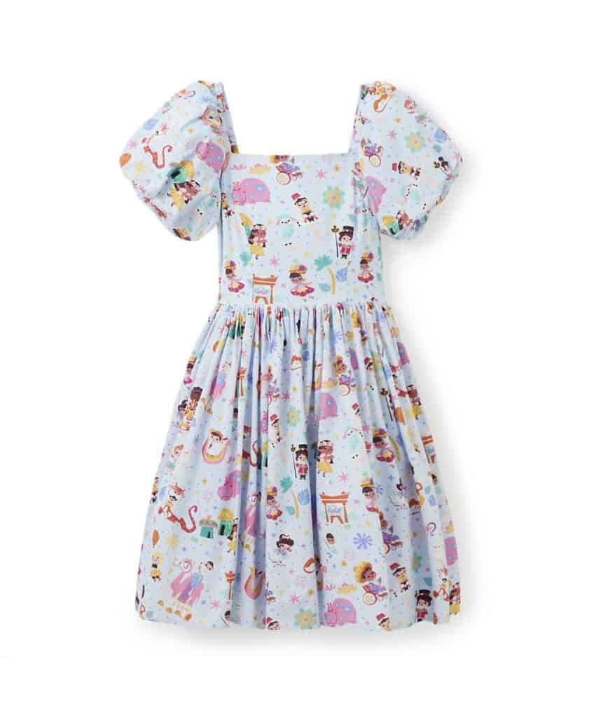 Colorful Disney princess-themed dress with puff sleeves for girls.