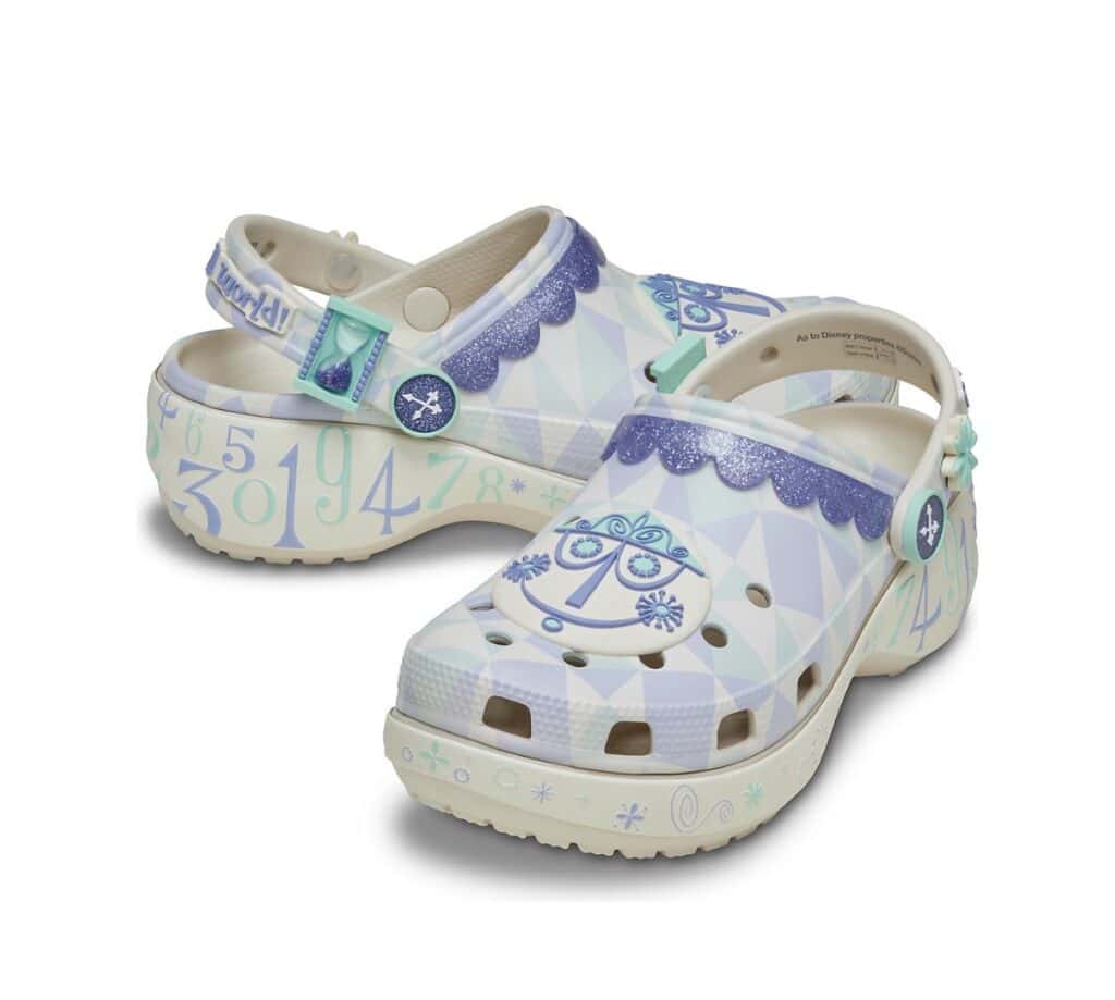 Disney Frozen-themed kids' clogs with snowflake and number designs, perfect for young fans.