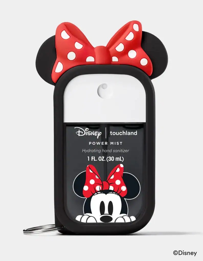 Minnie Mouse themed hand sanitizer with Minnie bow design, portable and hydrating.