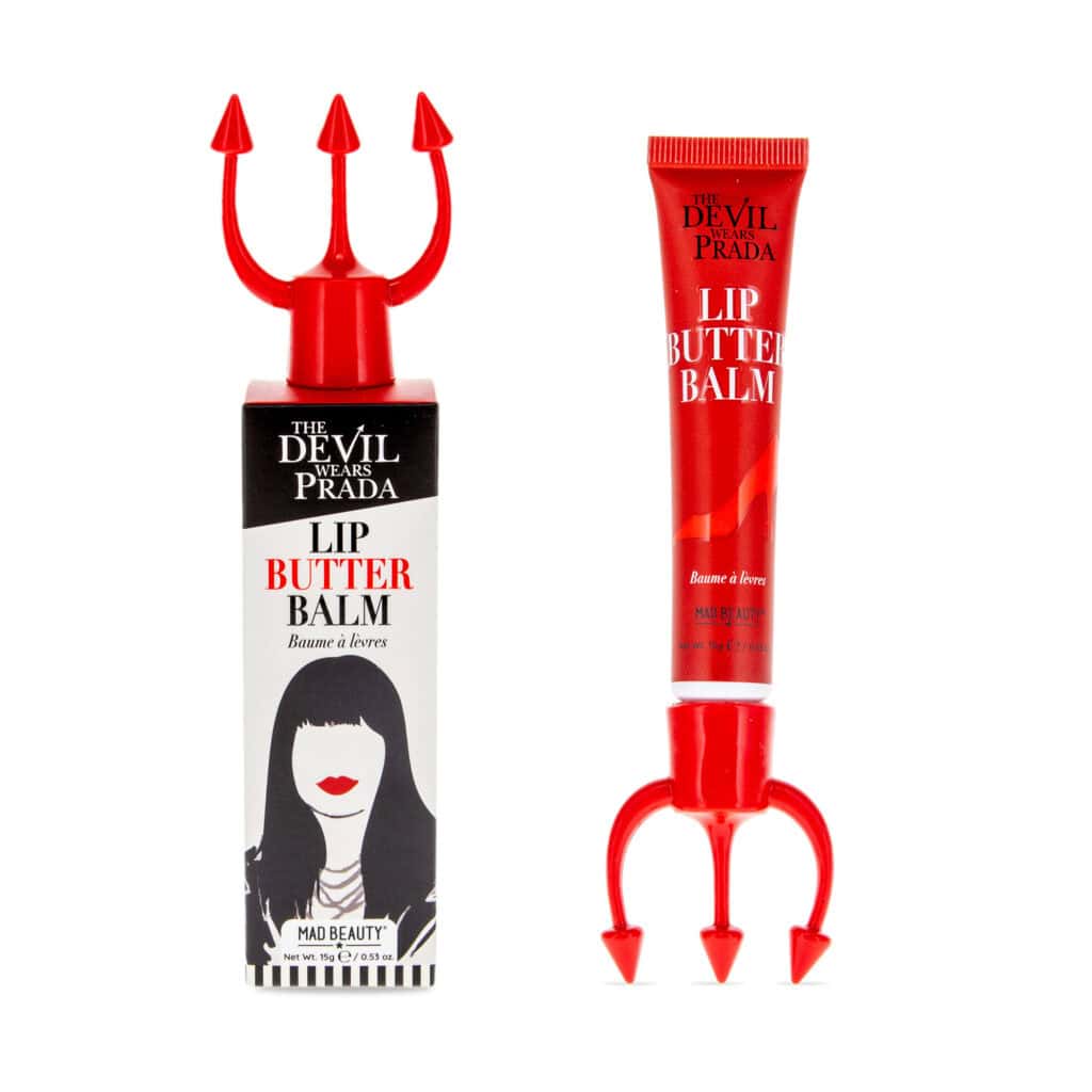 Disney-inspired lip balm with devil horn design, bold red packaging, and playful devil horns.