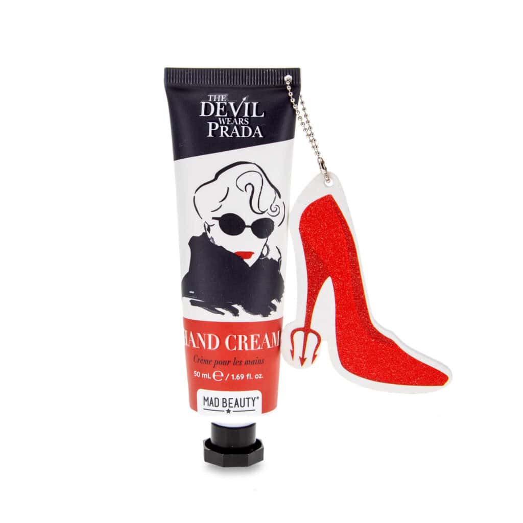 Devil Wears Prada hand cream with red glitter shoe charm accessory.