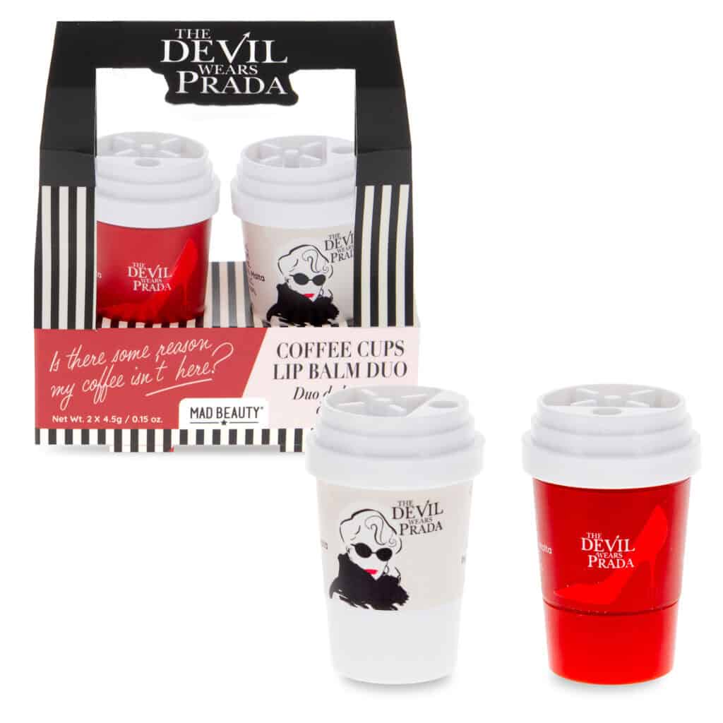 Disney-inspired Devil Wears Prada coffee cup lip balm set for fans.