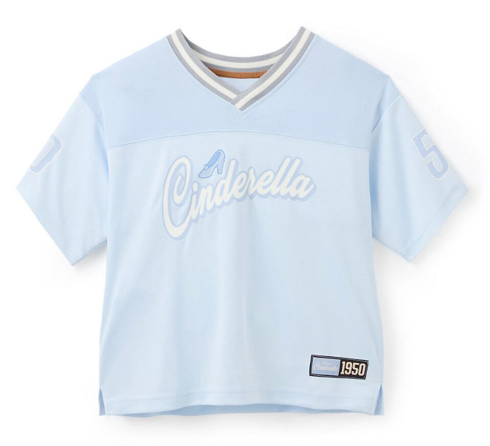 Light blue Cinderella sports jersey with vintage 1950 patch and striped V-neck.