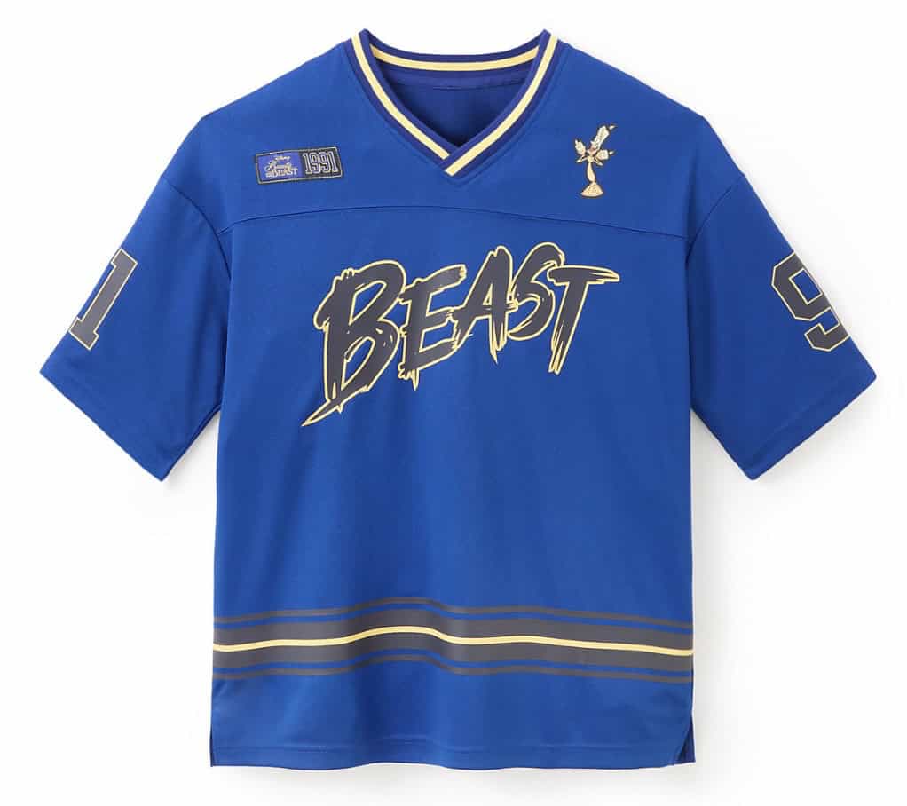Blue Disney Beast hockey jersey with "BEAST" text and team patches.