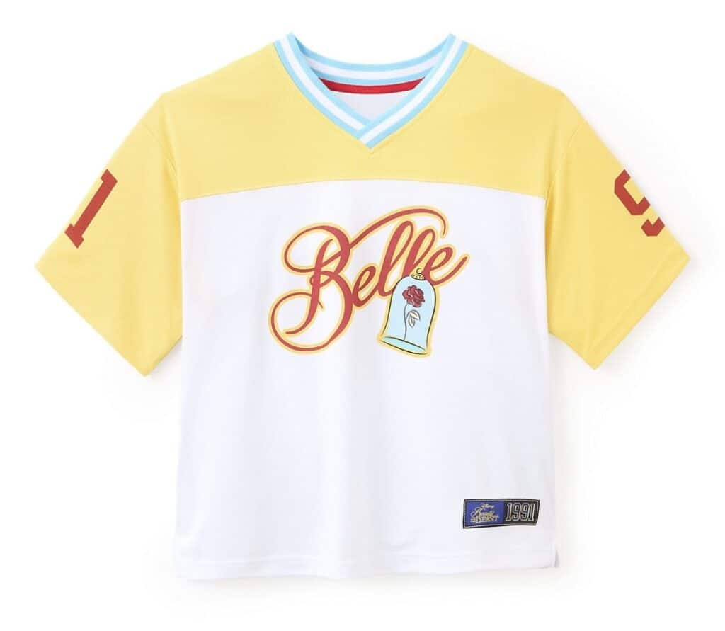 Yellow and white Belle-themed Disney T-shirt with colorful logo and ice cream graphic.