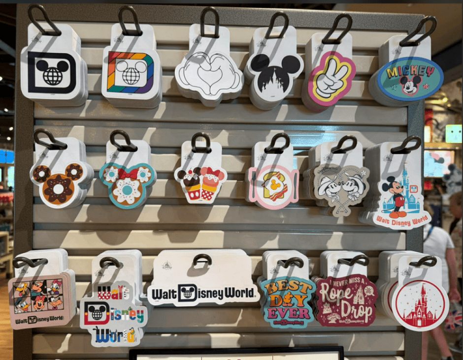 Colorful Disney-themed Mickey Mouse keychains on display.