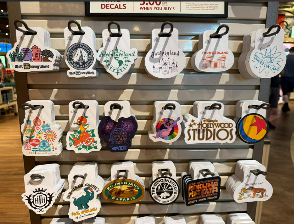 Disney-themed luggage tags with iconic Disney characters and attractions.