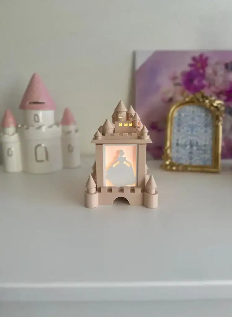 Fairy Tale Castle night light with Disney princess silhouette, perfect for children's bedrooms.