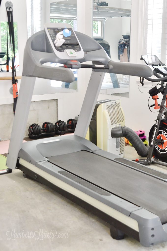 treadmill in a garage gym.