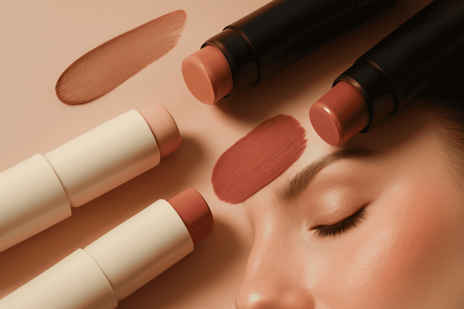 Travel blush sticks and compact makeup products in a beauty travel bag