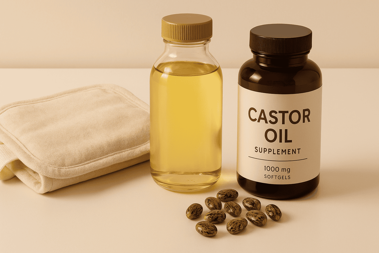 Castor oil bottle next to digestive health imagery