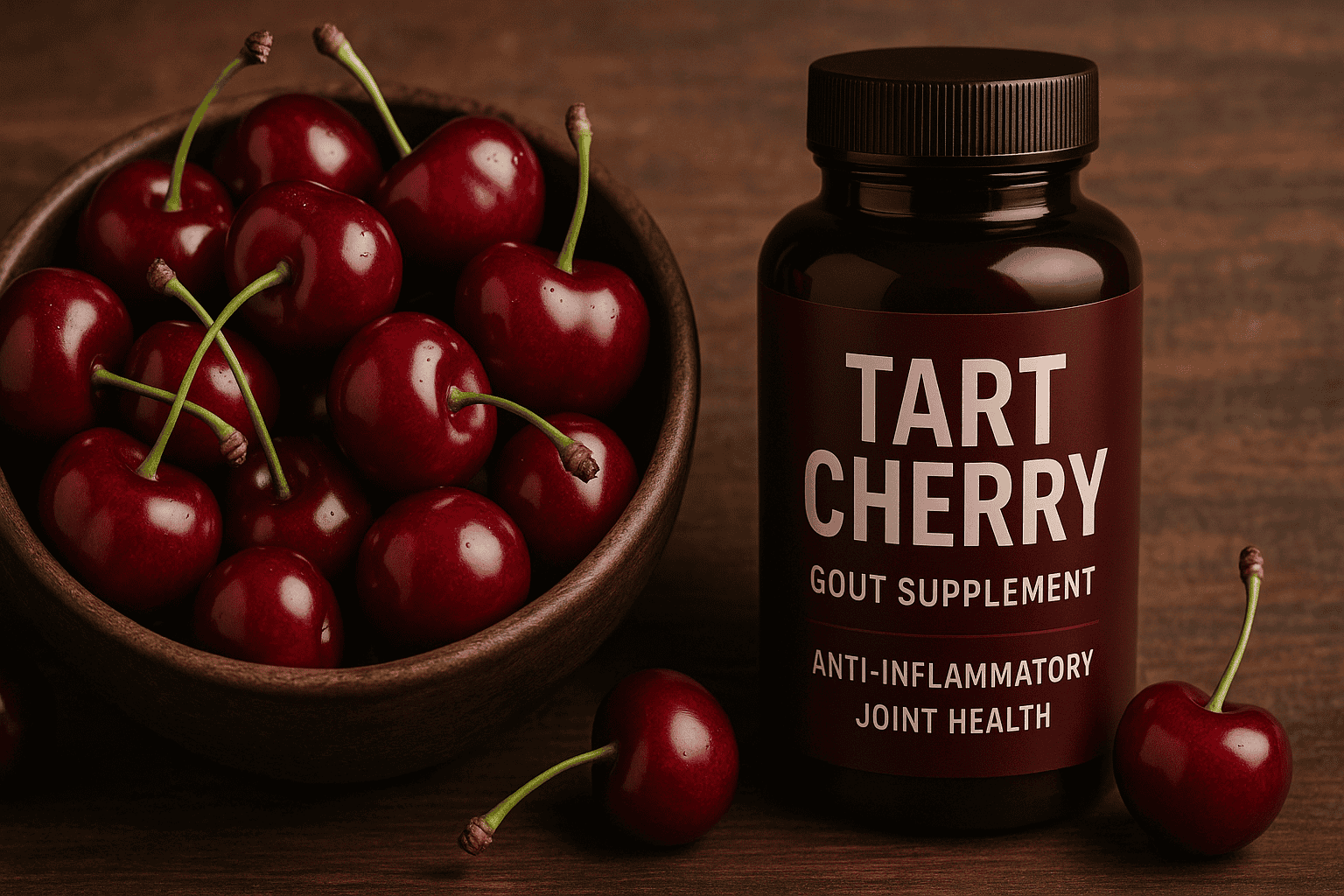 Tart cherry concentrate bottle and Montmorency cherries next to a runner stretching after exercise for recovery
