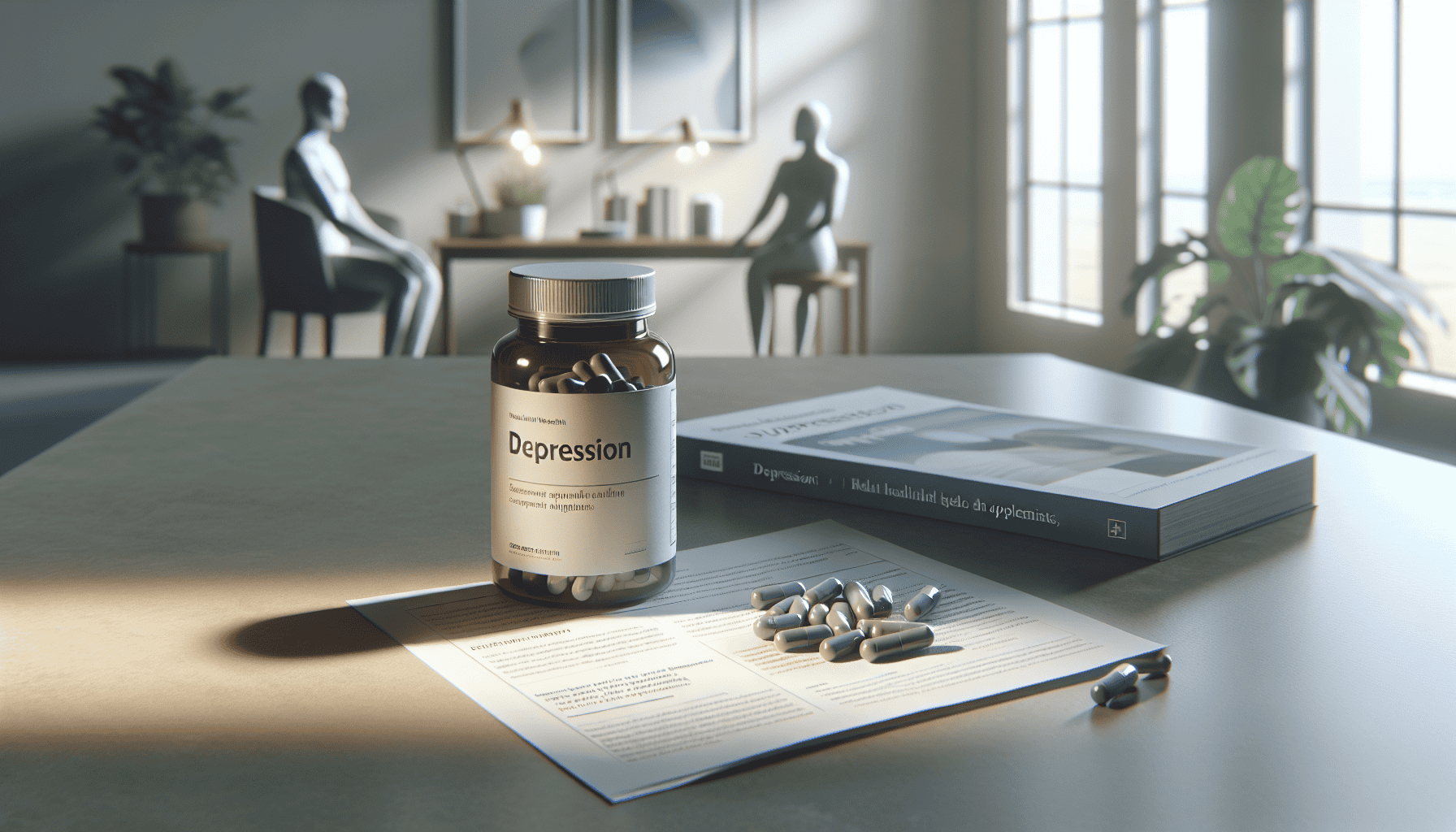 Omega-3 fish oil capsules and vitamin D supplements with fresh salmon for mood and depression support