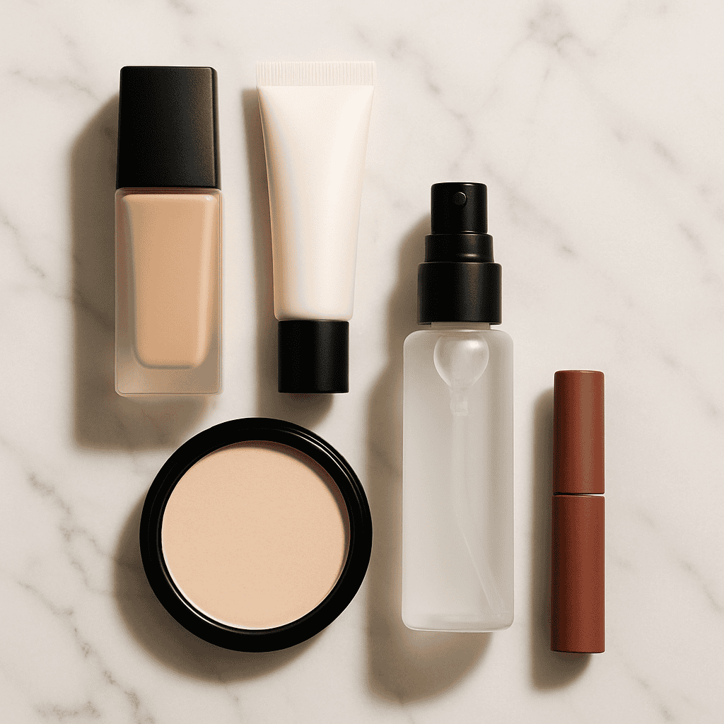 Long-wear makeup products flat lay including foundation, primer, setting powder, and setting spray for all-day wear