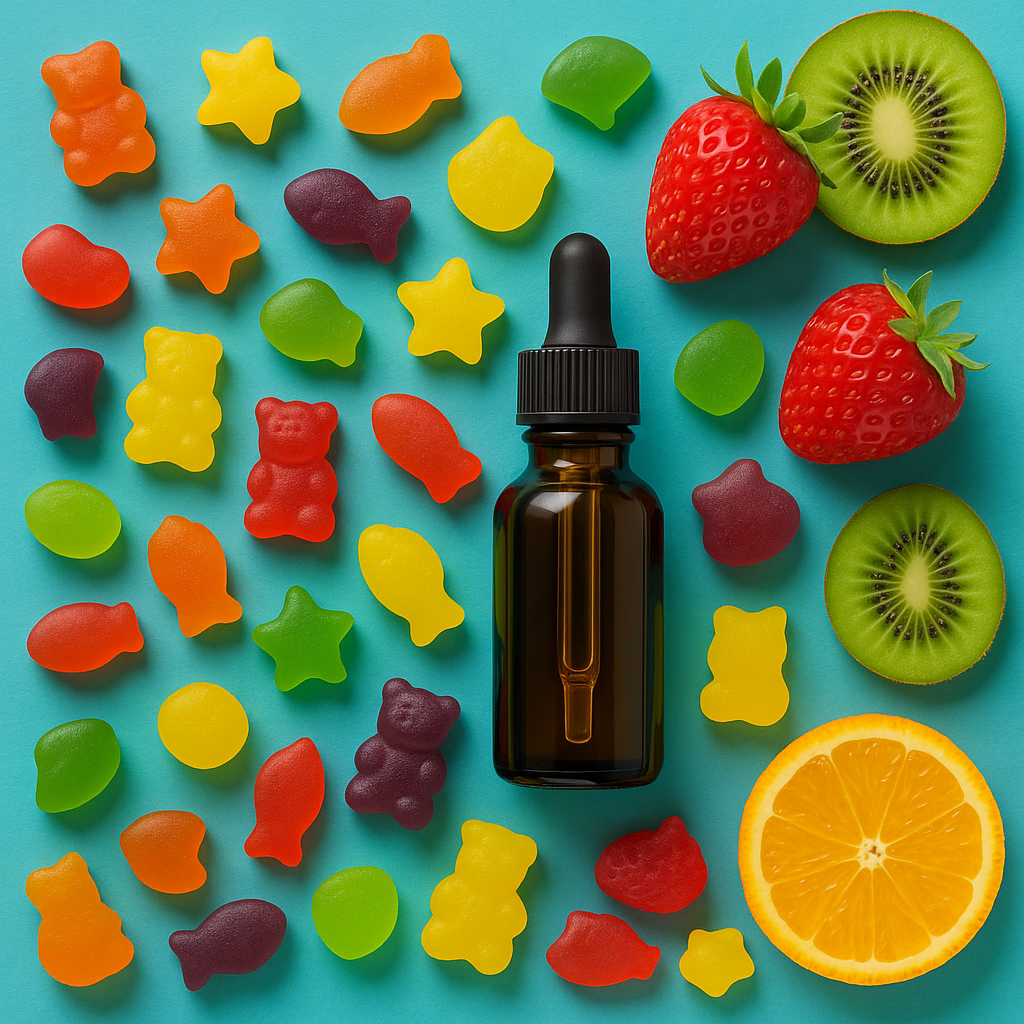 Array of children's supplement options including gummies, chewables, and liquid drops