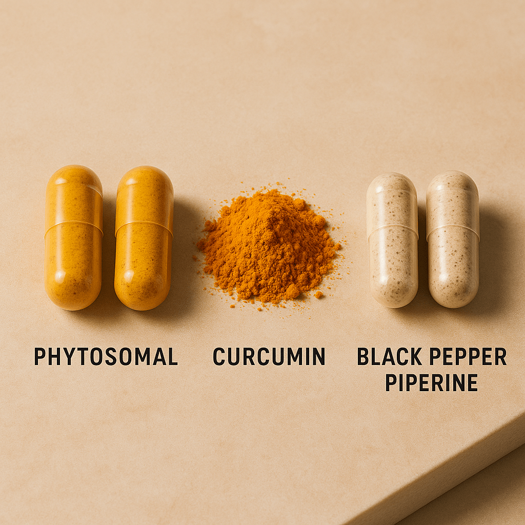 Different curcumin supplement forms including phytosomal, standard, and piperine-enhanced capsules