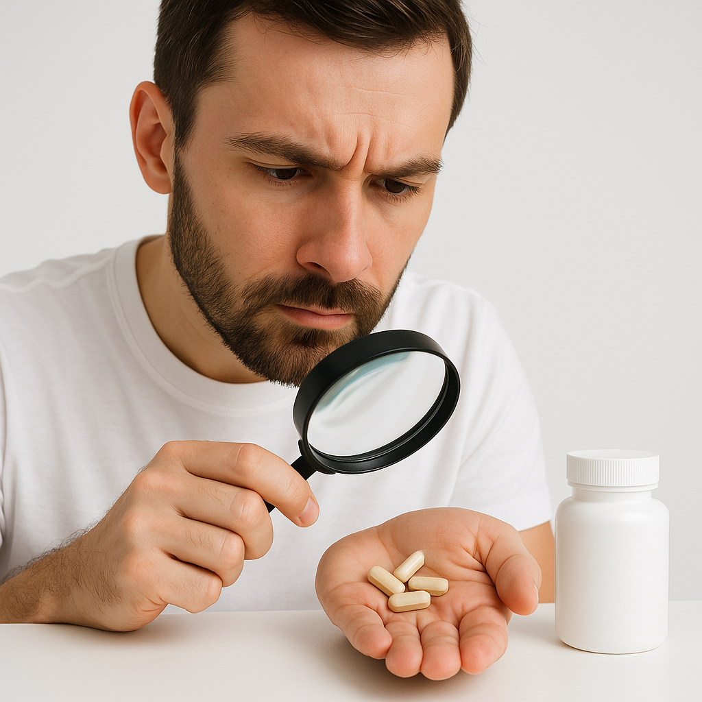 Man examining supplement pills with magnifying glass