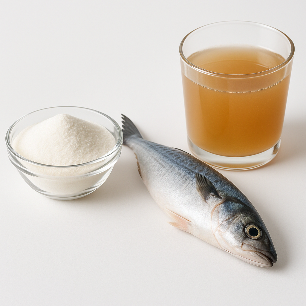 Collagen powder in a glass bowl next to marine fish and bone broth
