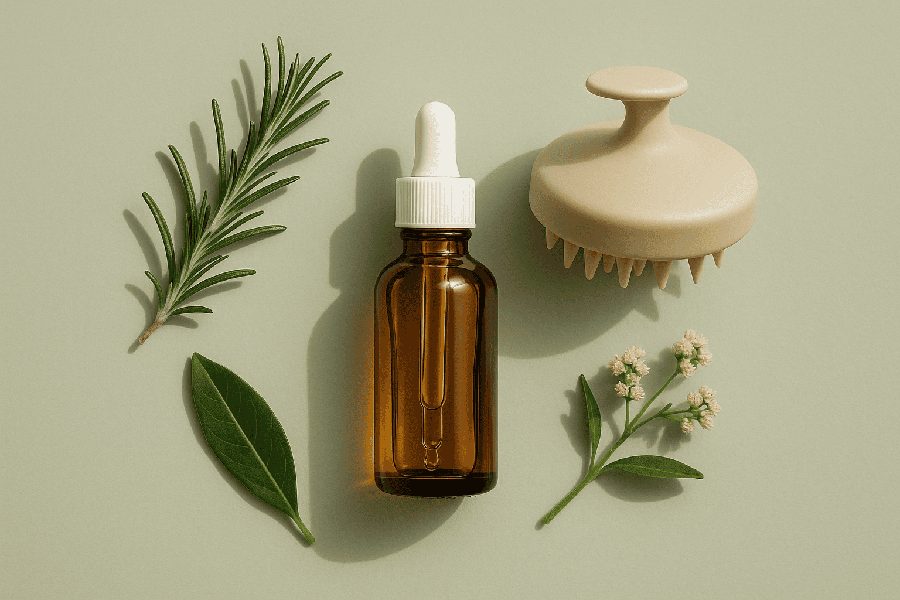 Scalp serum dropper bottle and gentle shampoo for scalp health