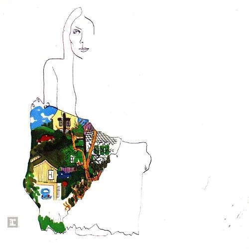 Single line drawing of Joni Mitchell with a multi-colored painting of a neighborhood as if on a blanket or quilt.