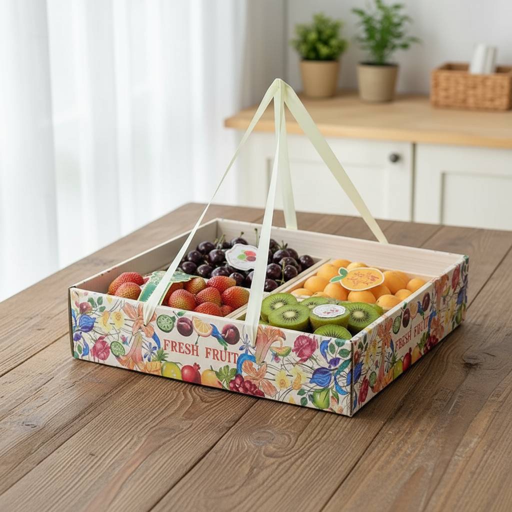 Colorful fruit paper box with internal dividers for fresh produce.