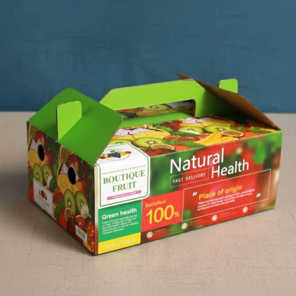 Foldable produce box with handle for fresh fruit packaging.