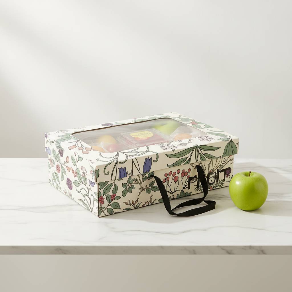 Decorative fruit gift box with handle and window for fresh produce.