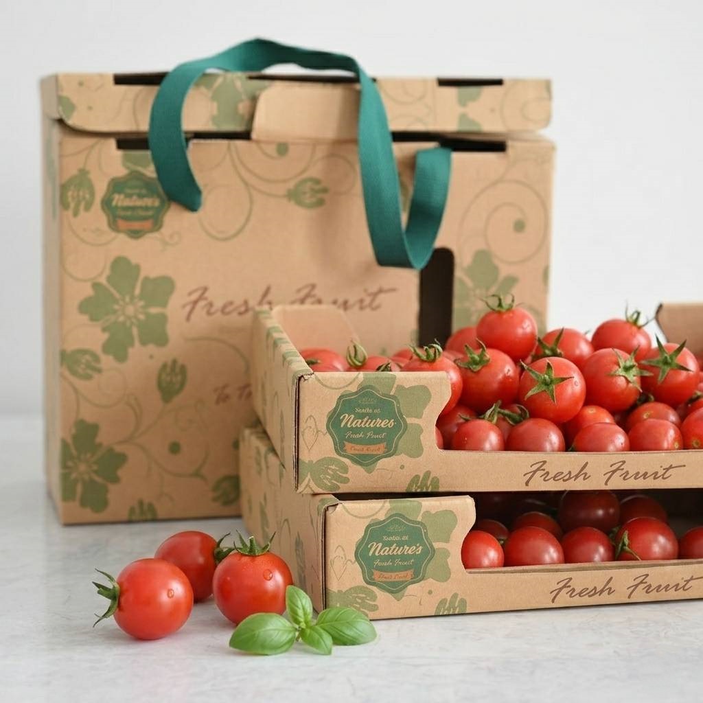 Stackable fruit boxes with fresh tomatoes for efficient produce storage.