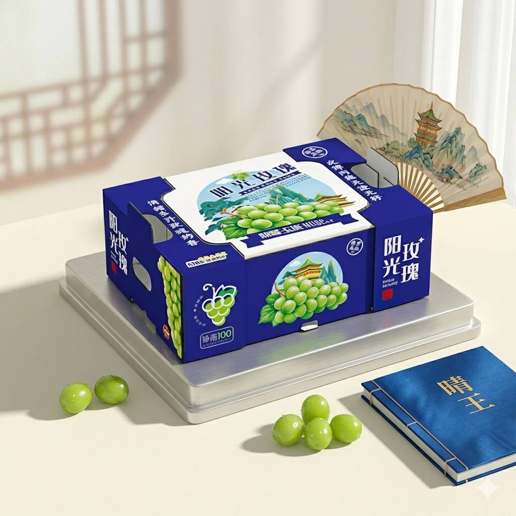 Corrugated fruit carton box for grapes with traditional fan and book.