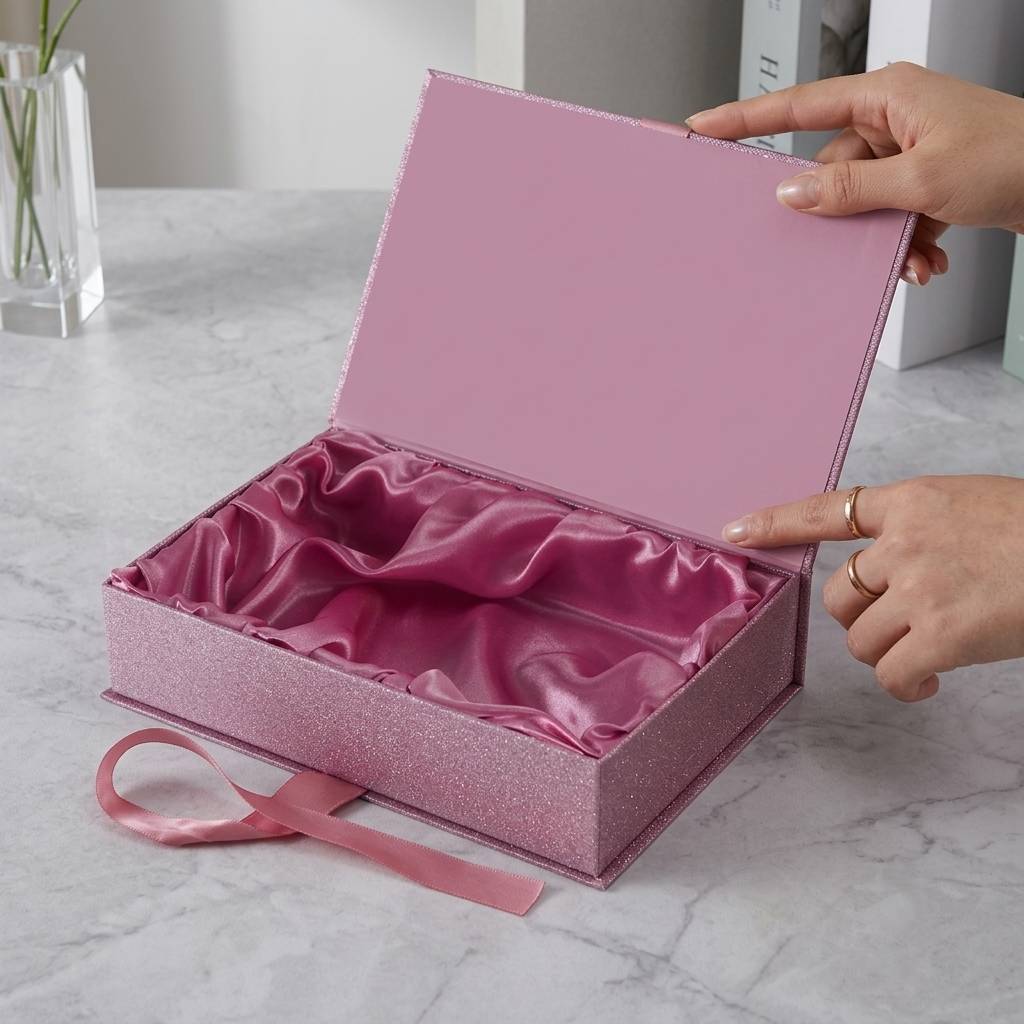 Custom Pink Glitter Magnetic Gift Boxes For Luxury Beauty Sets