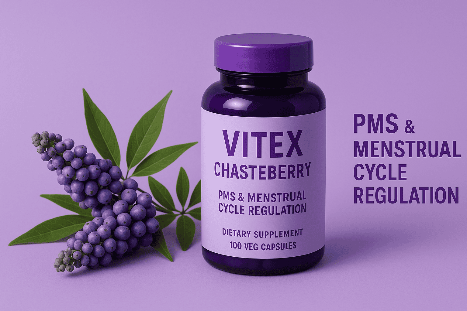 Vitex chasteberry supplement bottle with chaste berries for PMS and cycle support.