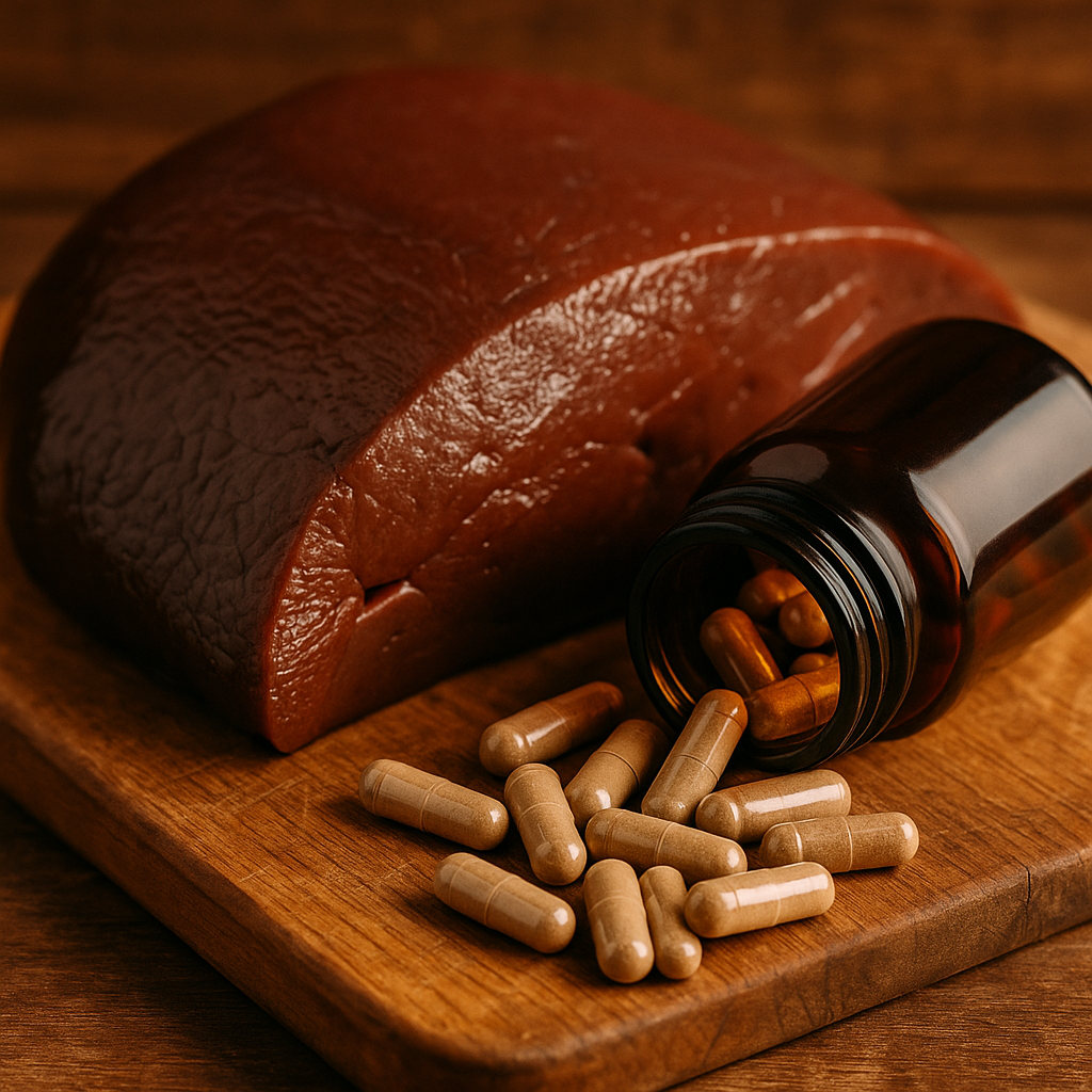 Desiccated beef liver capsules next to fresh grass-fed liver on cutting board