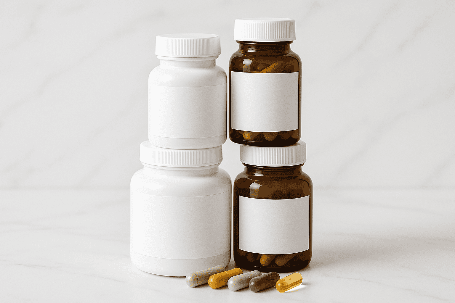 A daily supplement stack with capsules and bottles illustrating combination timing and interaction planning.