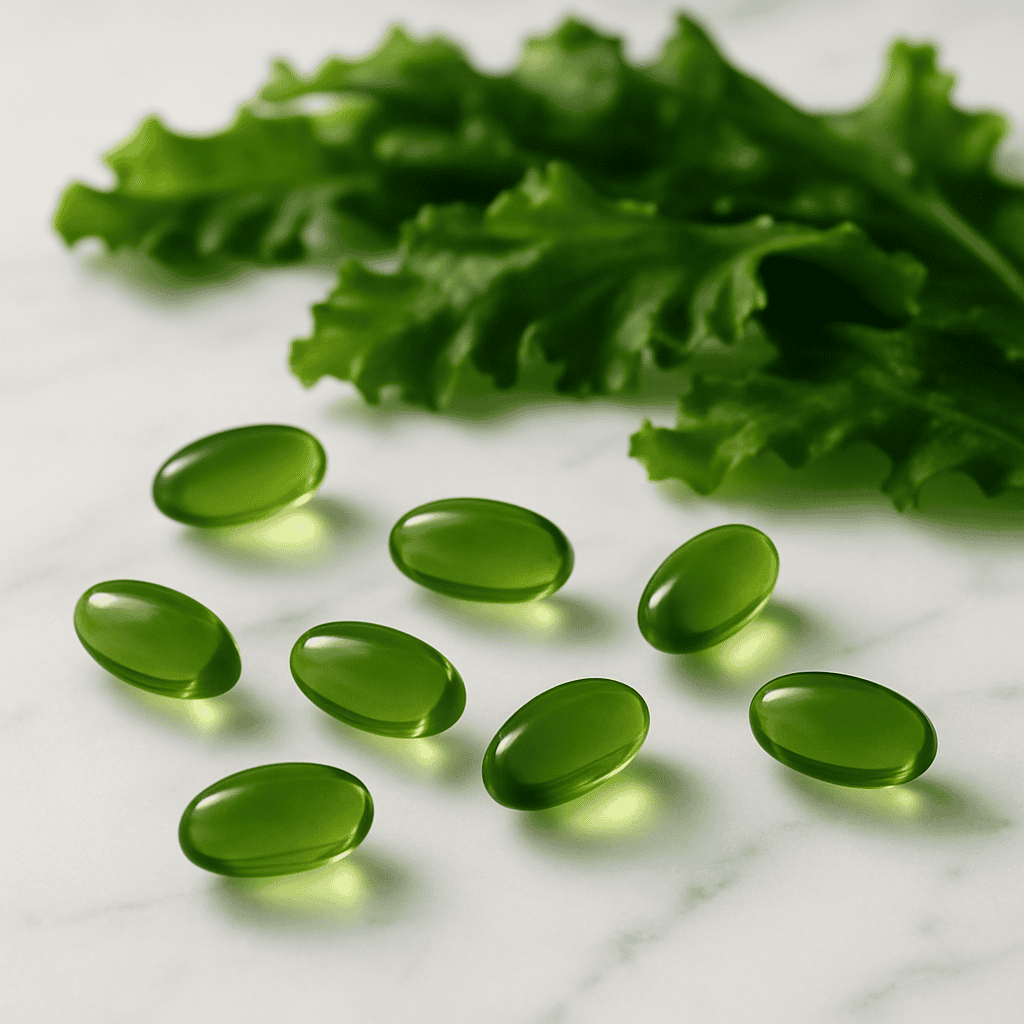 Diagram showing the food chain from microalgae to small fish to large fish, with an arrow showing direct extraction of omega-3 from algae for supplementation, bypassing the chain