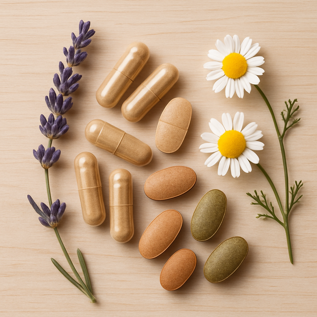 Illustrated diagram showing brain with GABA receptors highlighted, alongside icons for ashwagandha, magnesium, L-theanine, lavender, and GABA supplements