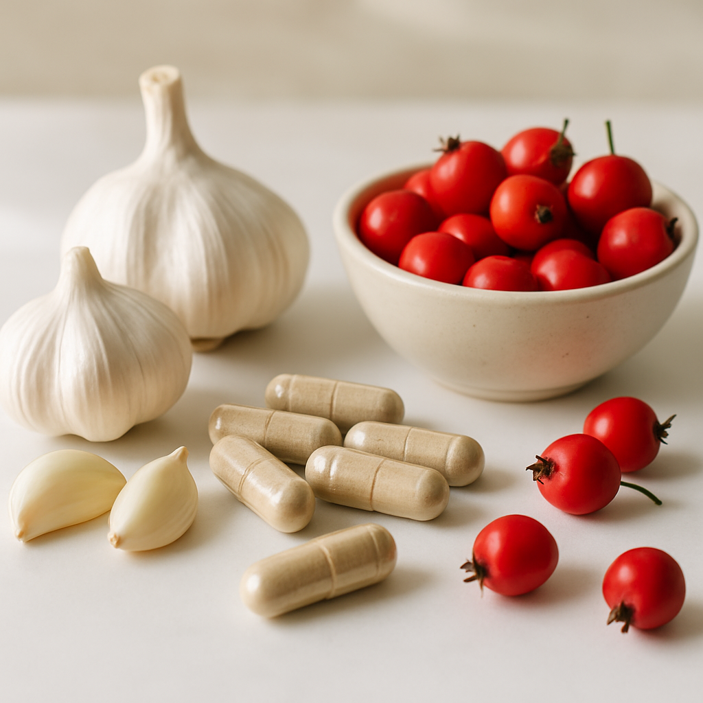 Infographic showing natural blood pressure support strategies including supplements, diet, exercise, and stress reduction with estimated mmHg reduction for each