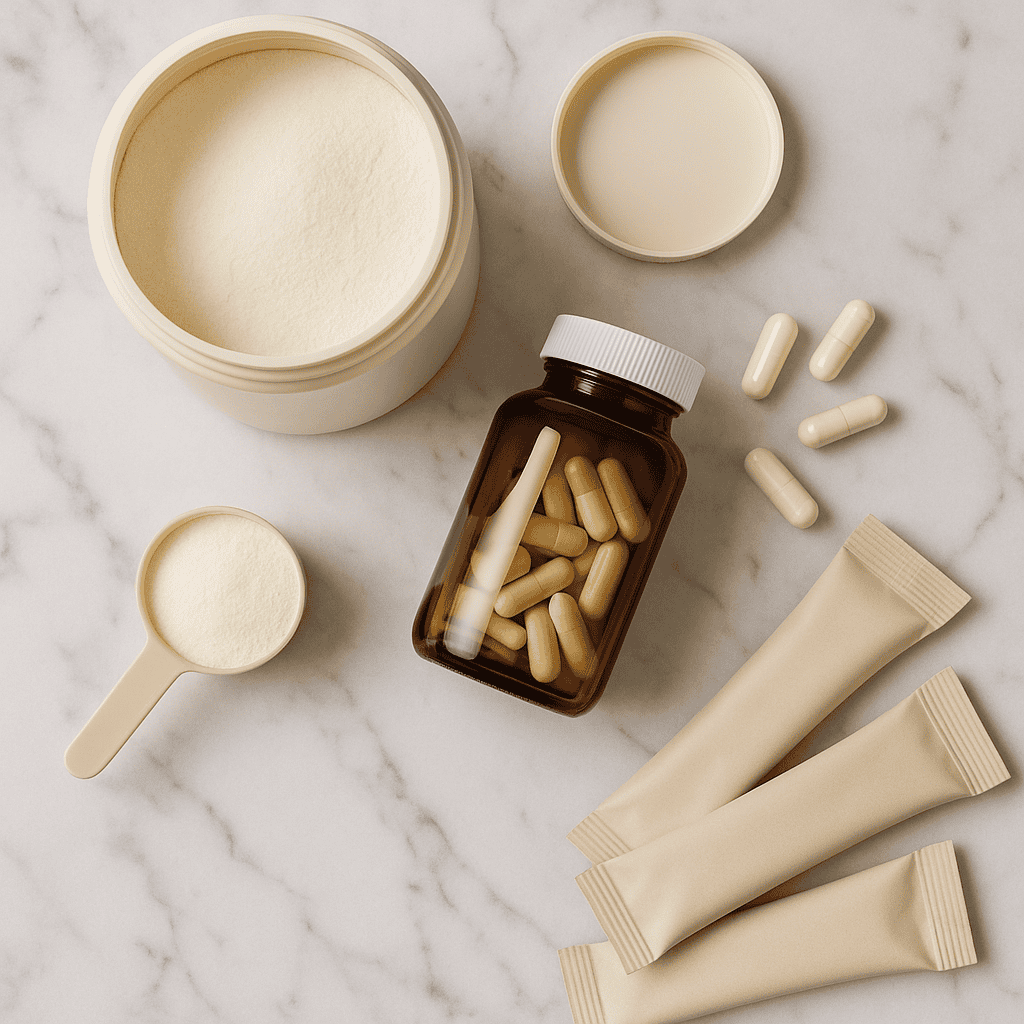 Cross-section diagram showing collagen fibers in skin, joint cartilage, and bone with illustrations of marine and bovine collagen sources