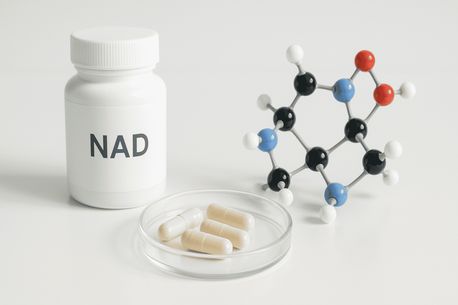 NAD supplement capsules next to a cellular energy diagram illustration