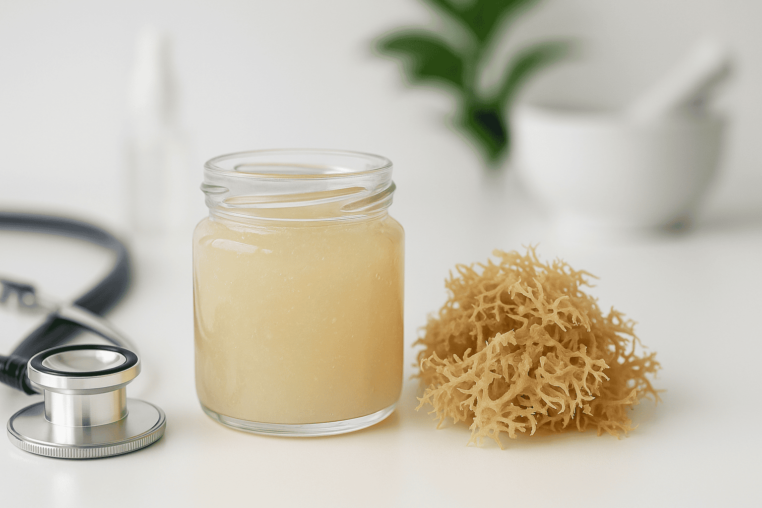 Dried sea moss and sea moss gel in a glass jar on a wooden surface