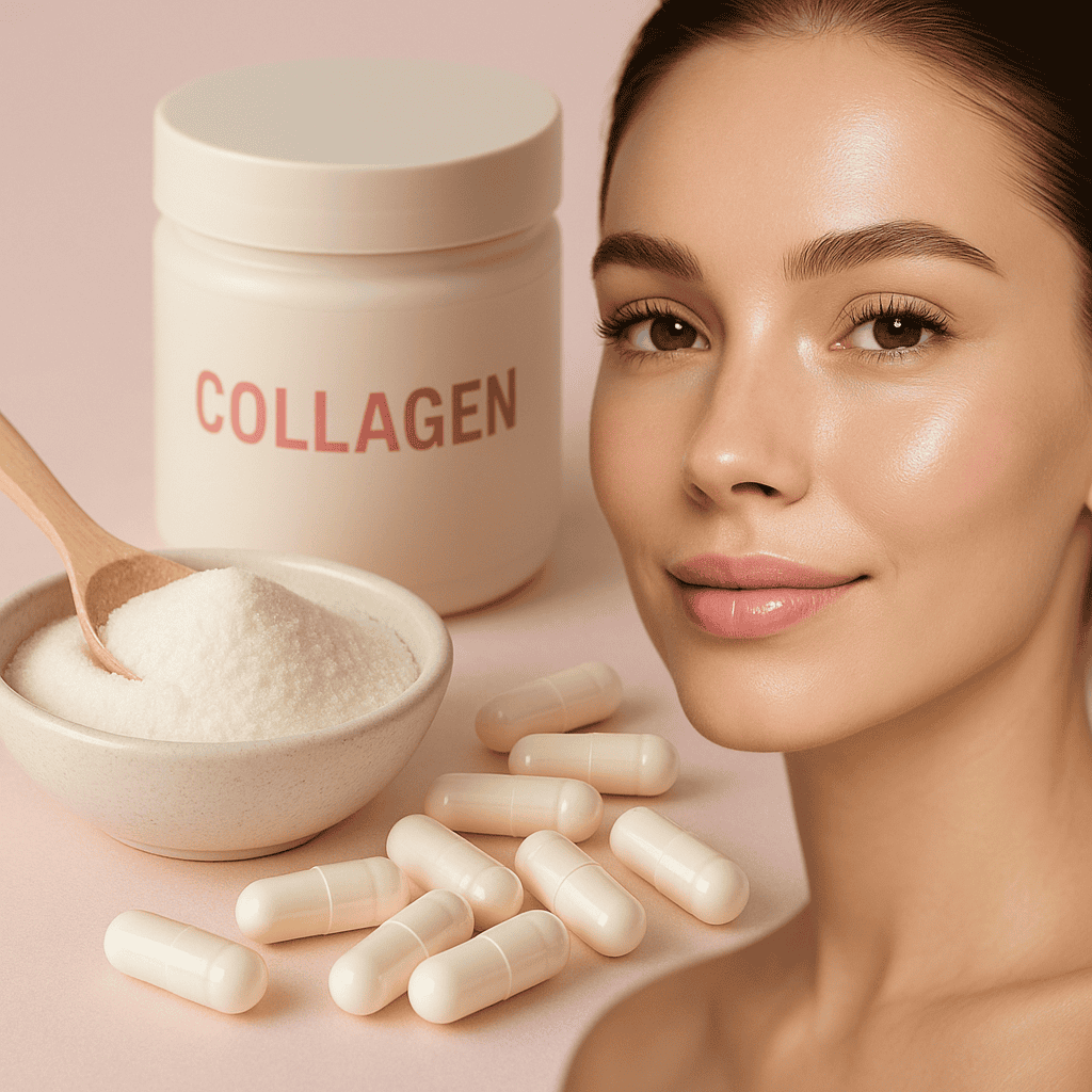 Marine collagen powder in scoop with glowing skin reference